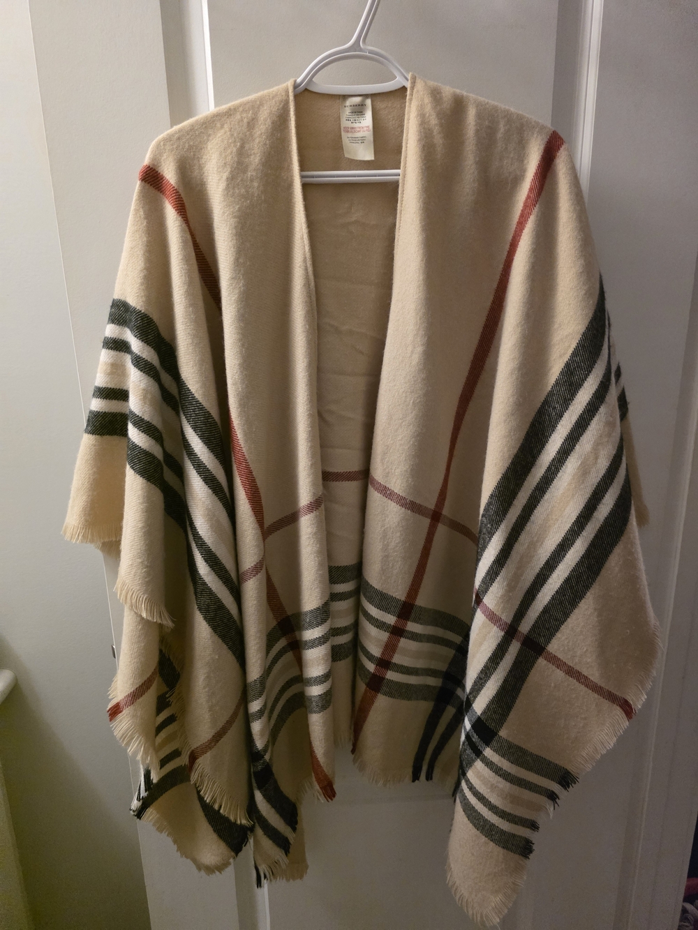 Burberry Beige Plaid Wrap with Black and Red Stripes